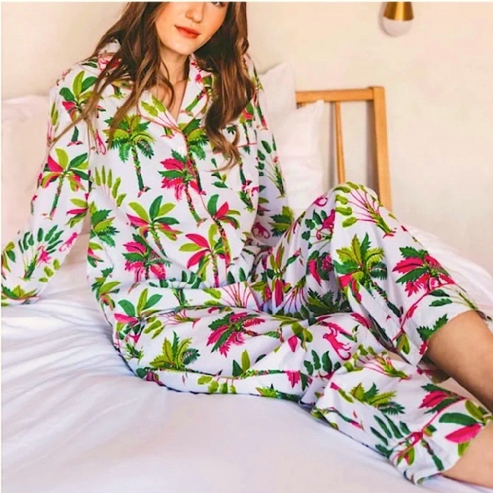Printfresh Royal Palms Long Sleeve Sleep Set in Pink Basil Poplin Cotton SZ L